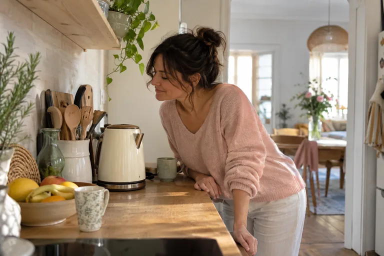 Femme penchée près d’une bouilloire crème sur un plan de travail.