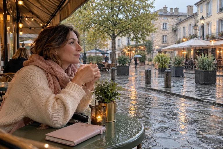 Femme tenant une tasse sous l’auvent d’un café devant une place mouillée par la pluie.