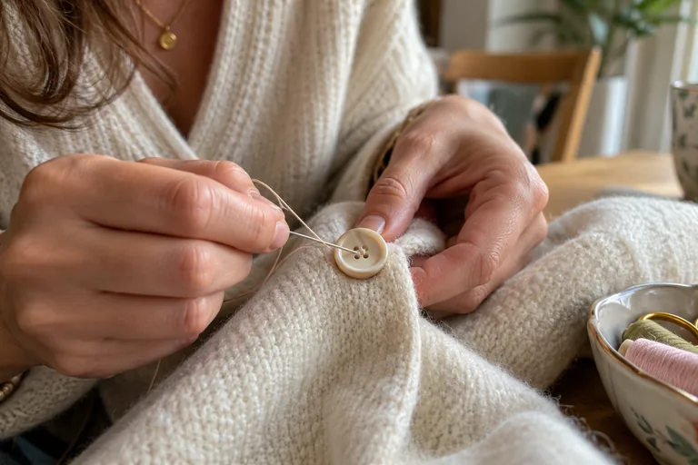Mains recousant un bouton clair sur un vêtement en maille crème.