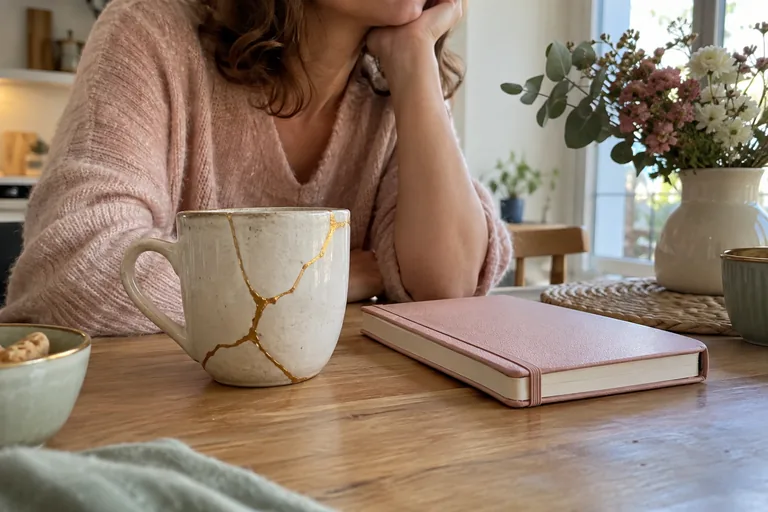 Tasse crème aux lignes de réparation dorées près d’un carnet rose fermé.