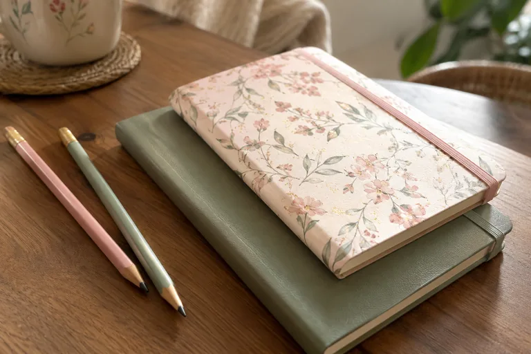 Deux crayons rose et vert près de deux carnets fermés empilés.