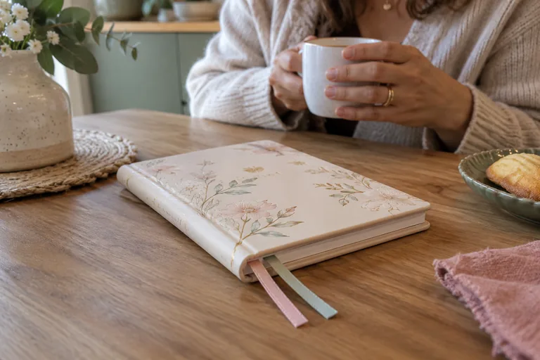 Carnet fleuri fermé avec deux rubans rose et vert dépassant des pages.
