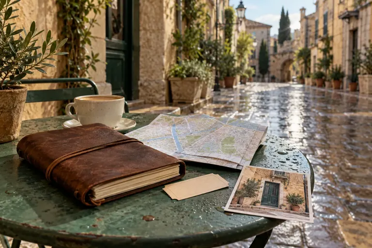 Carte pliée, crayon et carnet de voyage fermé sur une table