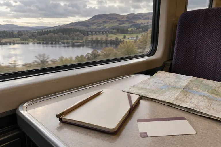 Carnet de voyage et ticket sans texte près d’une fenêtre de train
