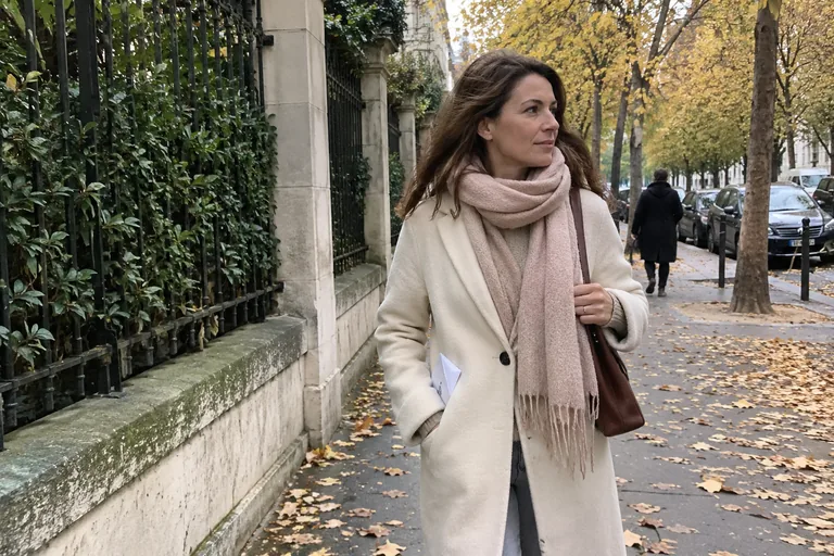 Une femme marche dehors en automne, une enveloppe dépassant de la poche de son manteau