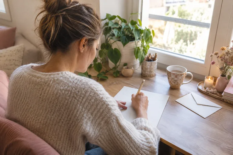 Une femme écrit une lettre à la main près d’une fenêtre, une enveloppe posée à côté