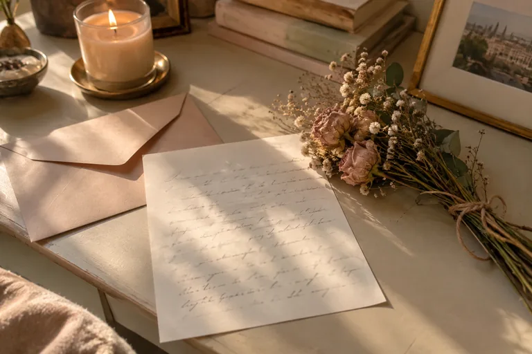 Une enveloppe et une lettre manuscrite sur un bureau, à côté d’un petit bouquet de fleurs séchées et d’une bougie