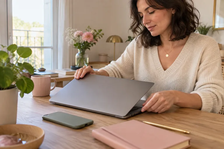 Femme refermant un ordinateur sur une table.