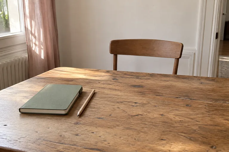 Un carnet fermé et un crayon sur une table presque vide.