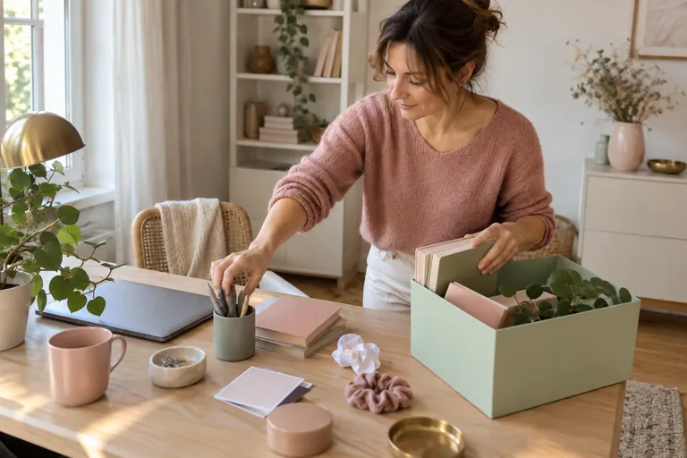 Femme retirant des carnets et accessoires d’un bureau.
