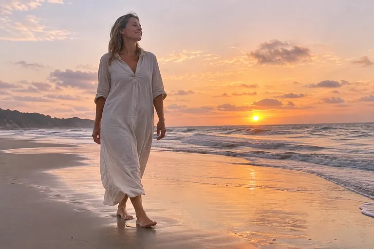 Une femme marche pieds nus sur une plage au lever du soleil, le visage serein