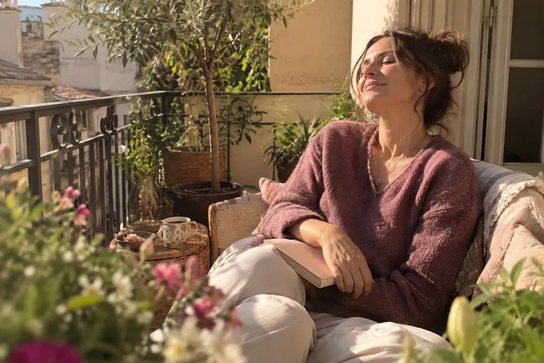 Une femme assise sur un balcon ensoleillé, carnet fermé sur les genoux, sourit les yeux fermés