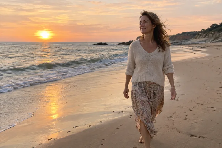 Une femme marche seule sur une plage au coucher du soleil, les cheveux au vent, sereine