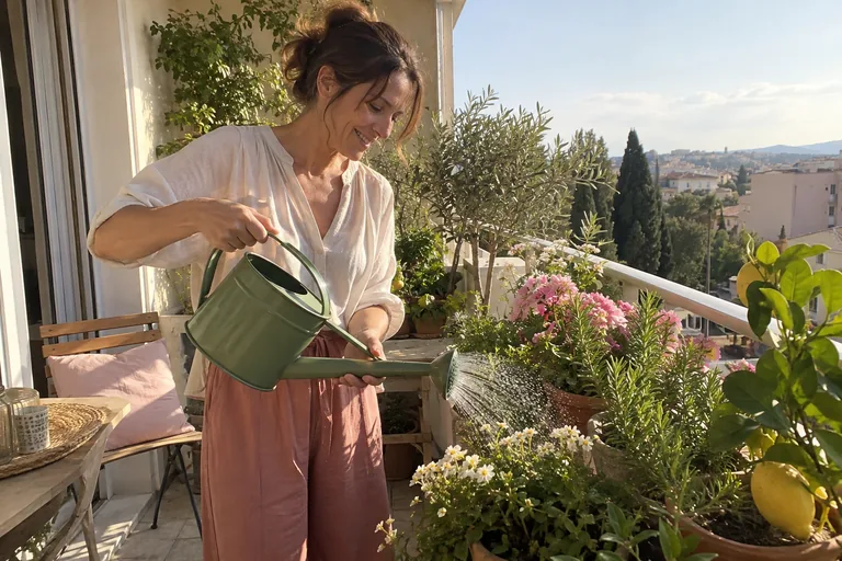 Une femme arrose les plantes de son balcon ensoleillé, souriante