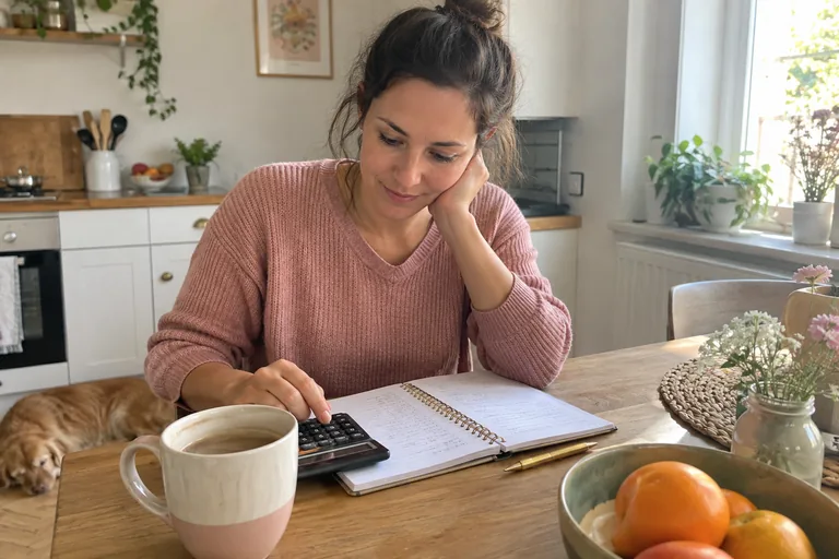 Une femme relit son budget dans un carnet à la table de sa cuisine, une calculatrice et un café devant elle