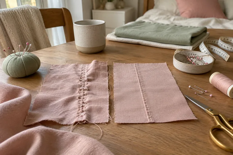 Deux échantillons de tissu rose aux coutures différentes.