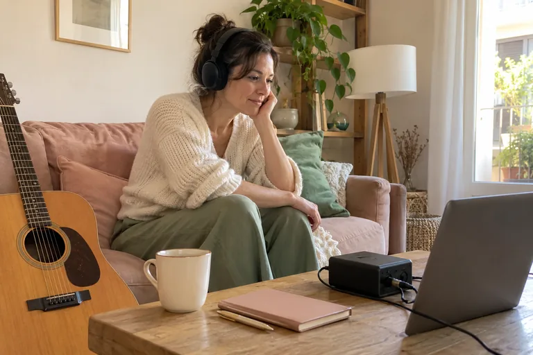 Femme portant un casque près d’une guitare et d’un ordinateur vu de dos.
