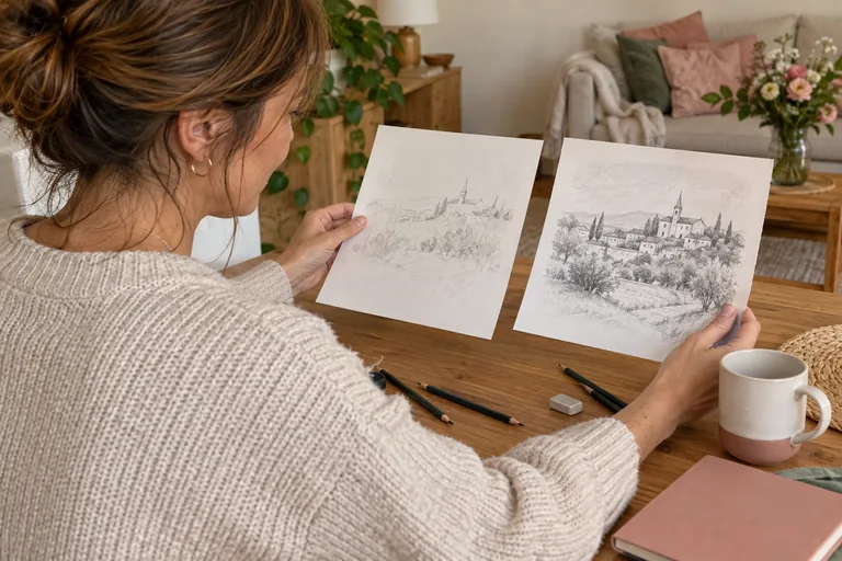 Femme comparant deux dessins d’un village.