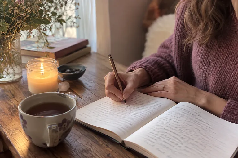 Une main écrit dans un carnet ligné à côté d’une tasse de thé et d’une bougie