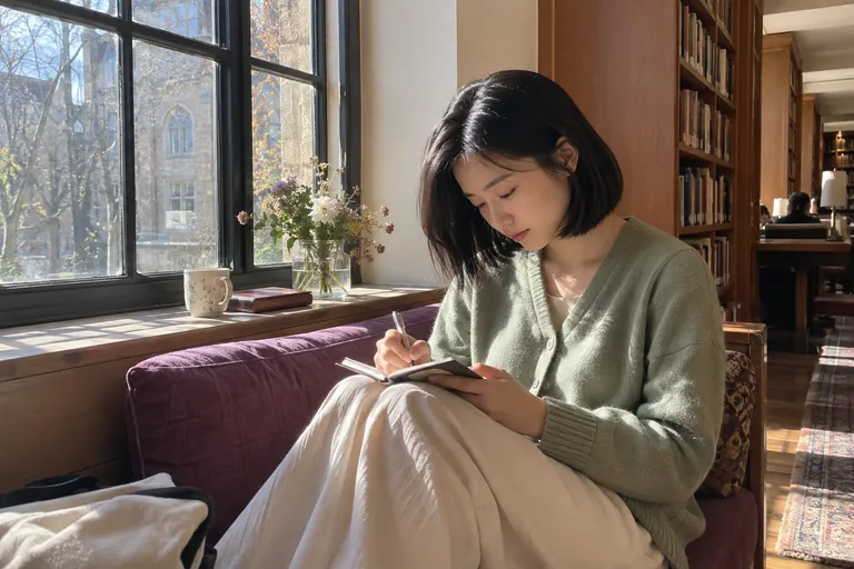 Une jeune femme écrit dans un petit carnet, assise près d’une fenêtre de bibliothèque