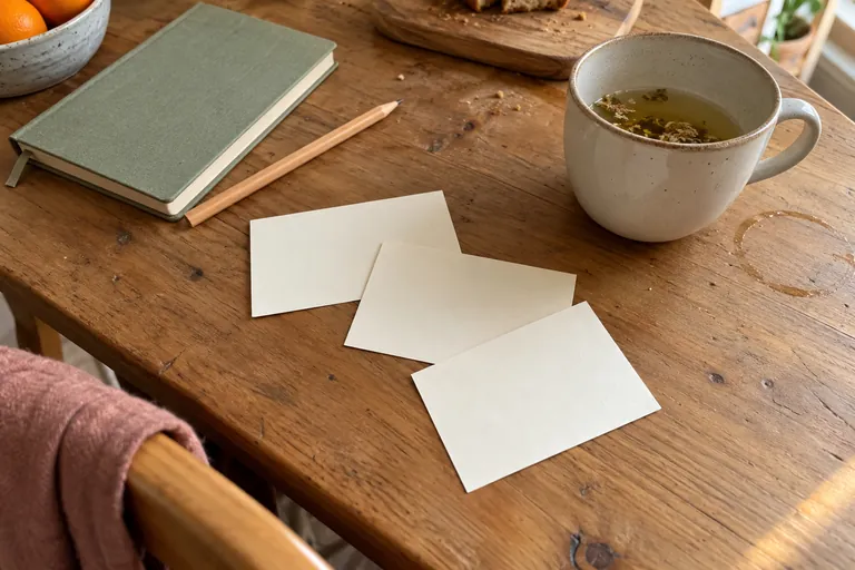 Des cartes vierges, un carnet fermé et un crayon sur une table