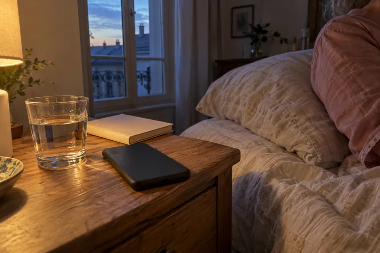Un téléphone posé face cachée près d’un verre d’eau et de linge de lit