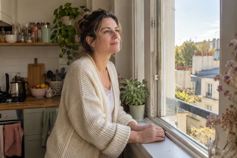 Une femme en gilet crème près de la fenêtre ouverte de sa cuisine