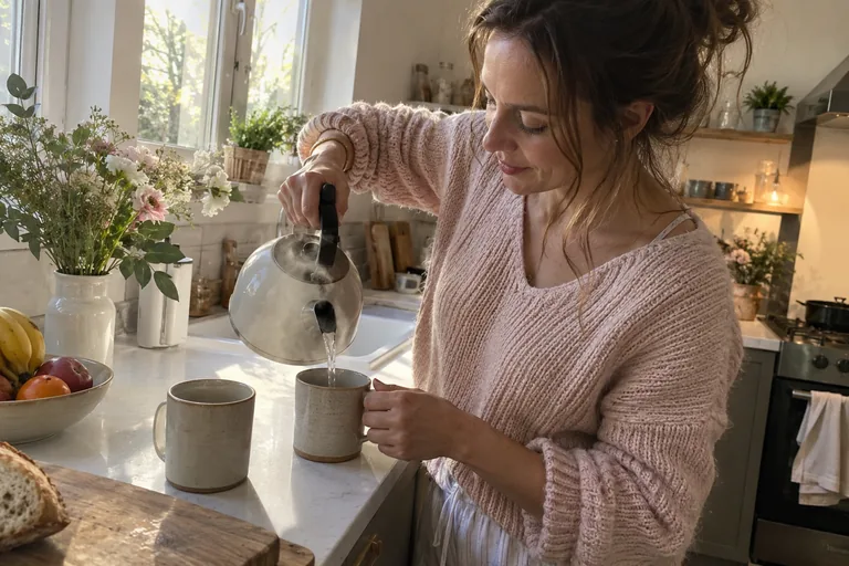 Une femme verse de l’eau chaude dans une tasse, une seconde tasse vide posée à côté