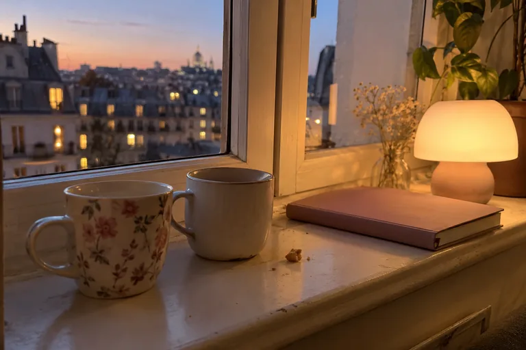 Deux tasses sur le rebord d’une fenêtre le soir, avec un carnet et une lampe douce