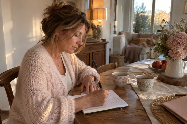 Une femme note quelques mots dans un carnet à côté de deux tasses, sans qu’on puisse lire l’écriture