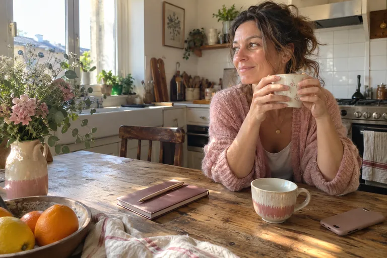 Une femme à la table de sa cuisine, le matin, devant deux tasses de thé dépareillées et un carnet fermé