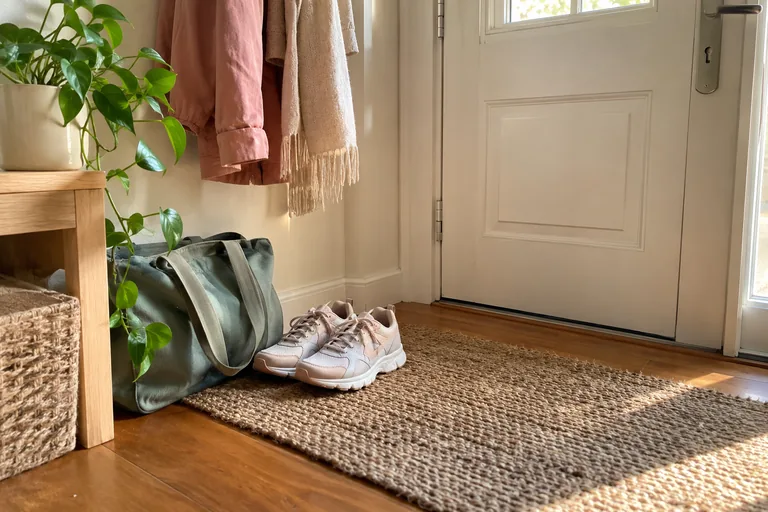 Baskets et sac posés près d’une porte.