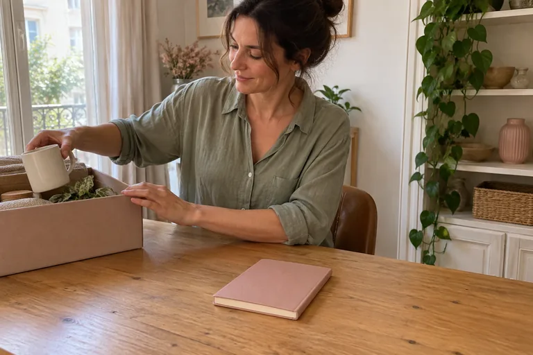 Femme rangeant une tasse dans une boîte et laissant un carnet sur la table.