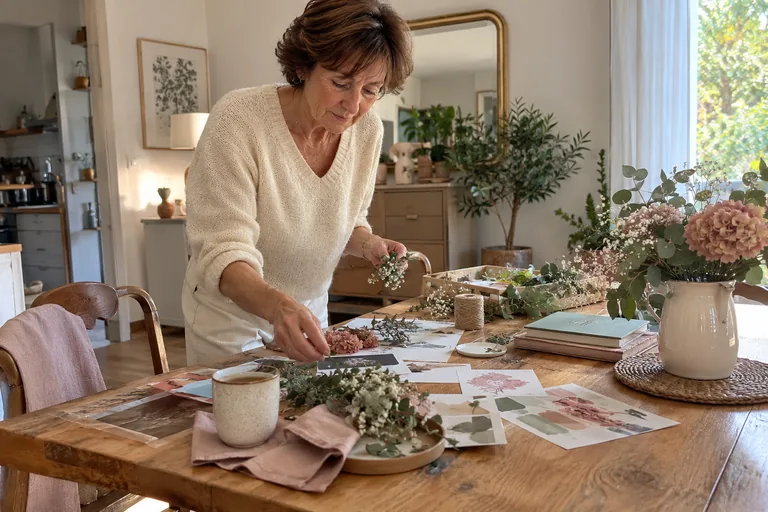 Femme préparant des compositions florales sur une table.