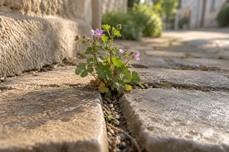 Une petite plante à fleurs violettes pousse entre les pavés.