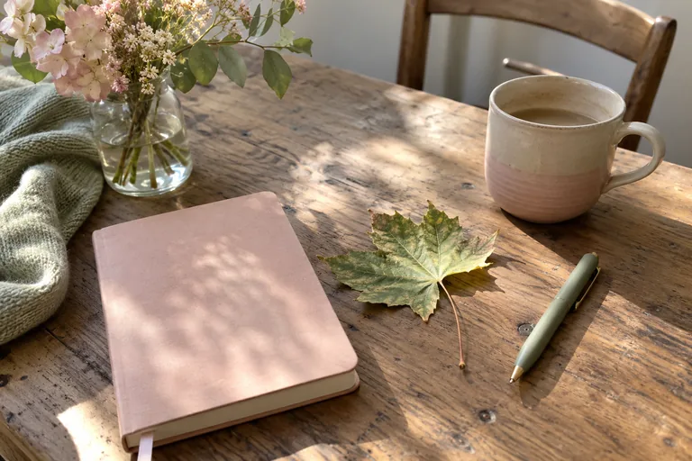 Un carnet rose fermé repose près d’une feuille d’arbre et d’une tasse.