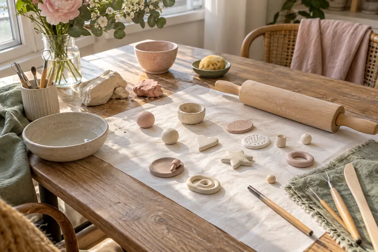 Petites formes en argile disposées près d’outils de modelage.