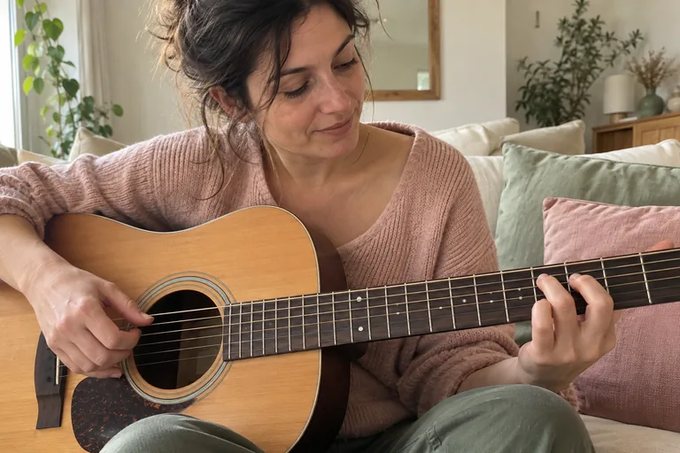 Femme jouant un accord de guitare, la tête de l’instrument hors cadre.