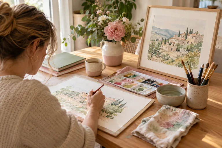 Femme peignant un paysage devant une aquarelle encadrée.