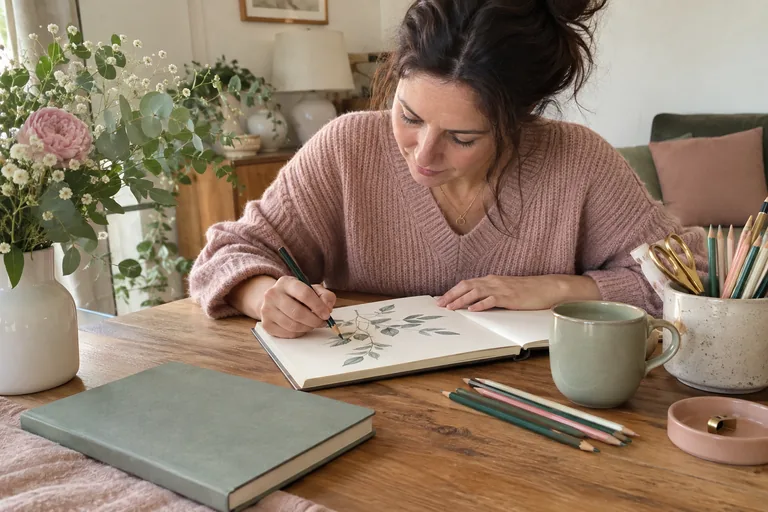 Femme dessinant une branche feuillue dans un carnet.