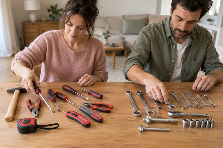 Deux adultes répartissant des tournevis et des clés sur une table.