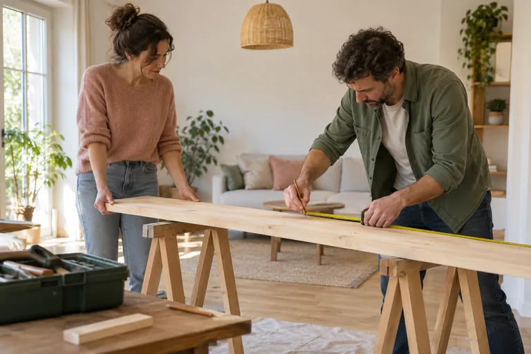 Un homme mesure une planche maintenue par une femme.