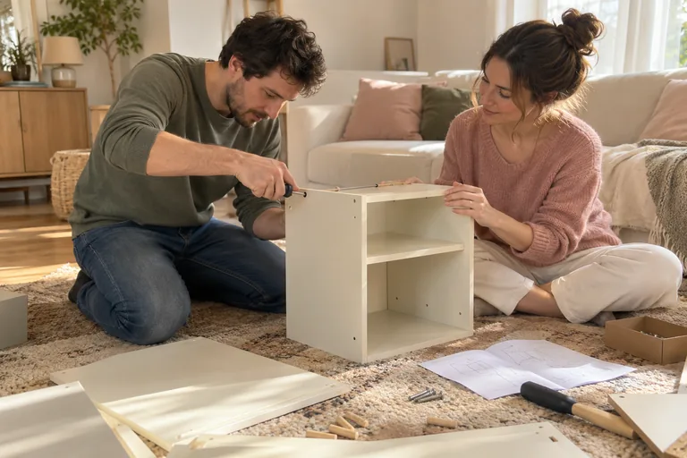 Deux adultes assemblant une petite étagère au sol.