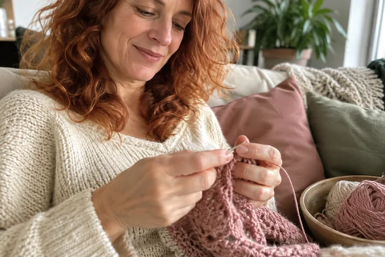 Femme travaillant un ouvrage rose avec des fils et des pelotes à côté.