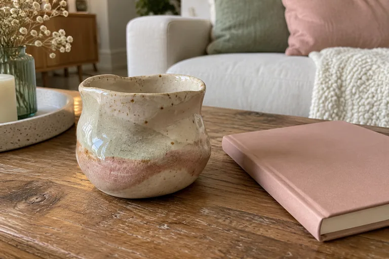 Petite poterie irrégulière près d’un carnet rose fermé sur une table de salon.