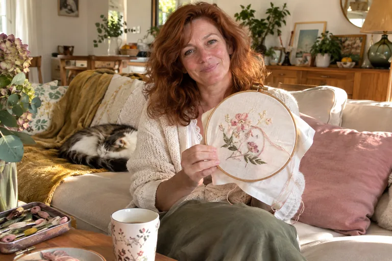 Femme tenant un tambour à broder avec des fleurs et des fils libres.