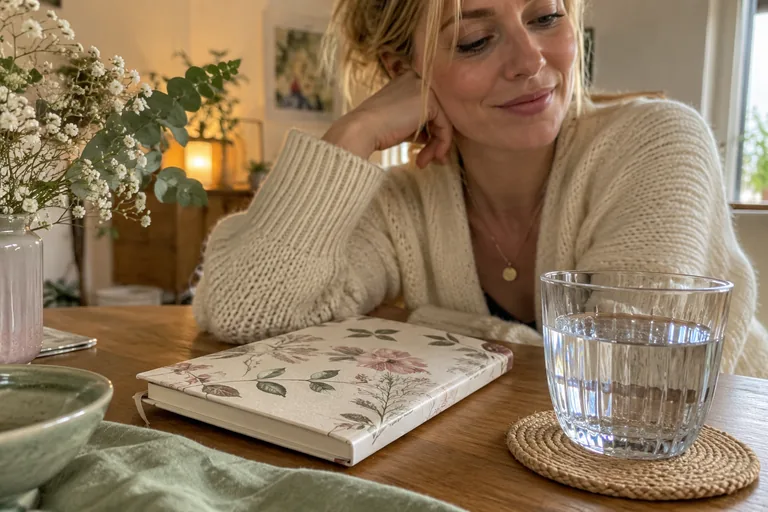 Carnet floral fermé et verre d’eau sur une table devant une femme.