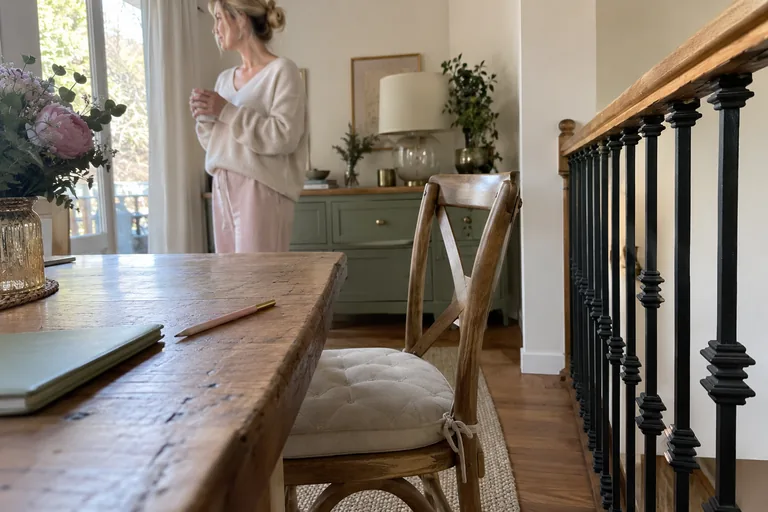 Chaise écartée d’une table où reposent un crayon et un carnet fermé.