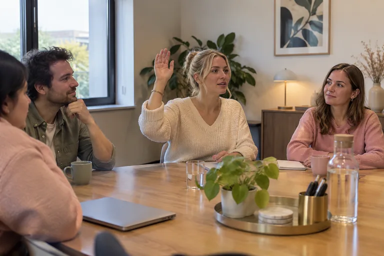 Femme levant une main autour d’une table avec trois autres adultes.