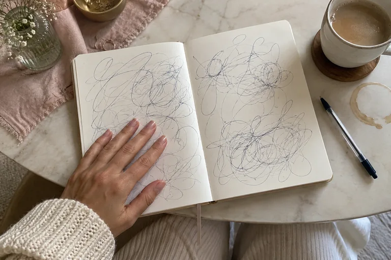 Trois pages d’un carnet couvertes d’une écriture illisible, un stylo posé dessus